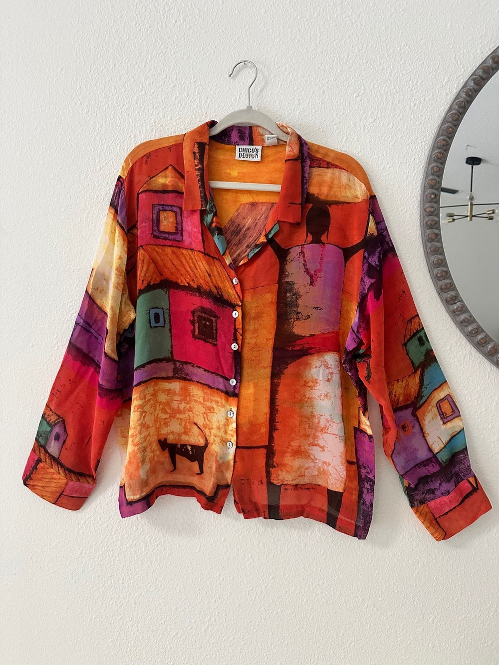 Chico’s Vintage Silk Pueblo Abstract Print Button Down Shirt